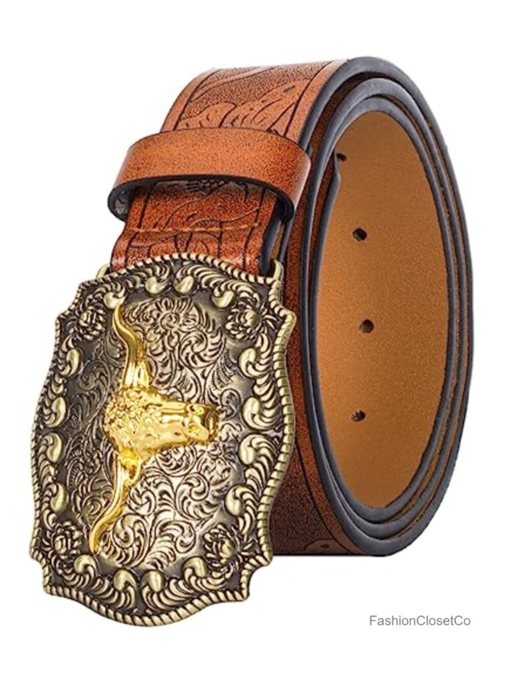 Western Cowboy PU Leather Belt Floral Engraved Buckle Longhorn Jeans